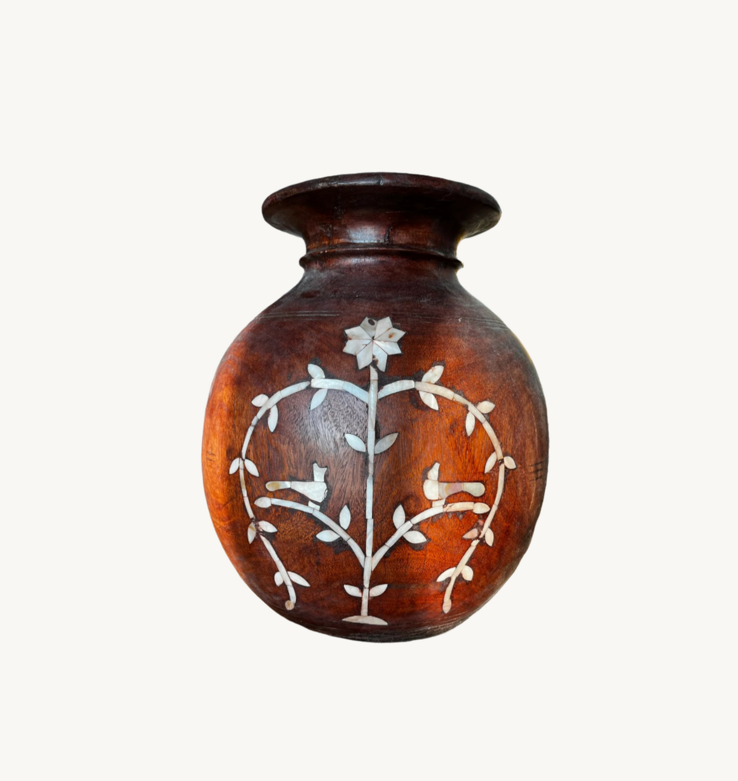 Vintage Wooden Pot with Mother of Pearl