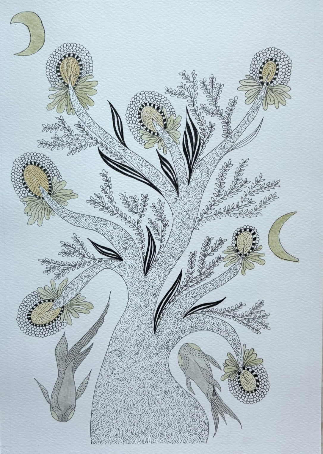 Hand drawn ethnic painting with watercolor and ink inspired by Gond