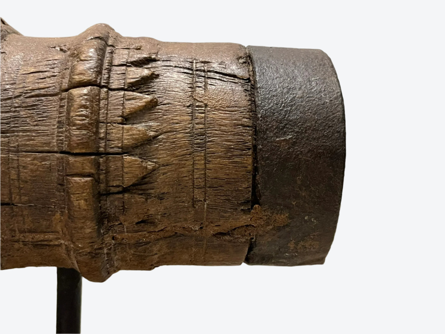 Vintage wooden carriage wheel hub from ancient India, repurposed into collectible decor with weathered, hand-carved details, showcasing sustainable craftsmanship by The Artisans Vault