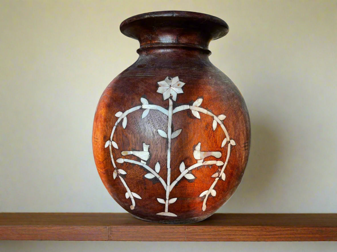 Vintage Wooden Pot with Mother of Pearl