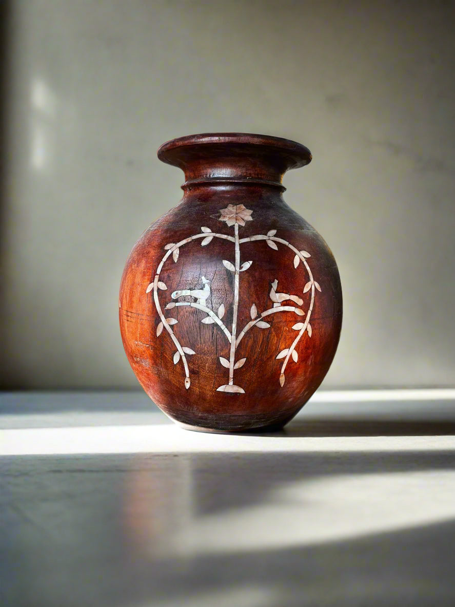 Vintage Wooden Pot with Mother of Pearl