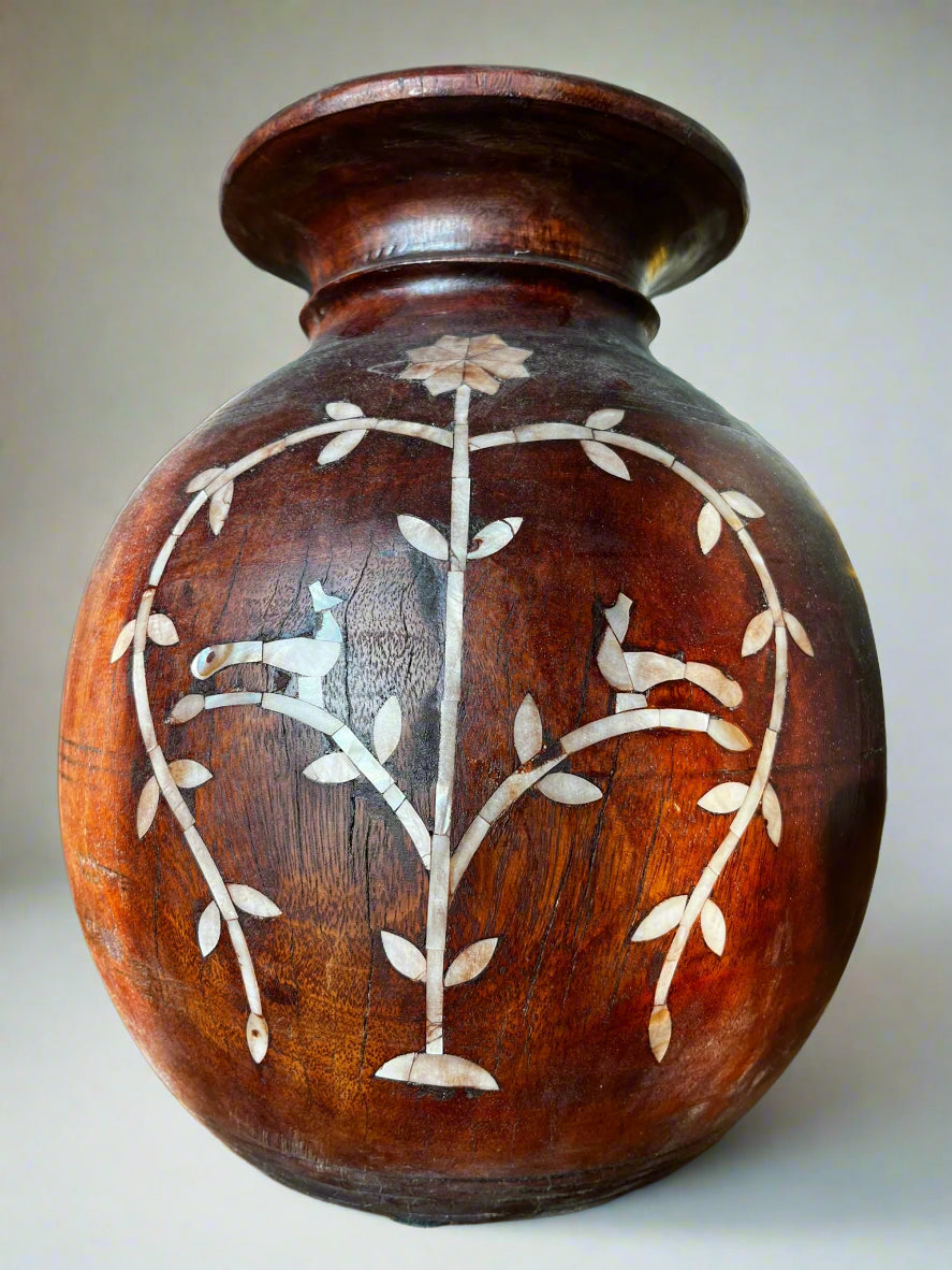Vintage Wooden Pot with Mother of Pearl