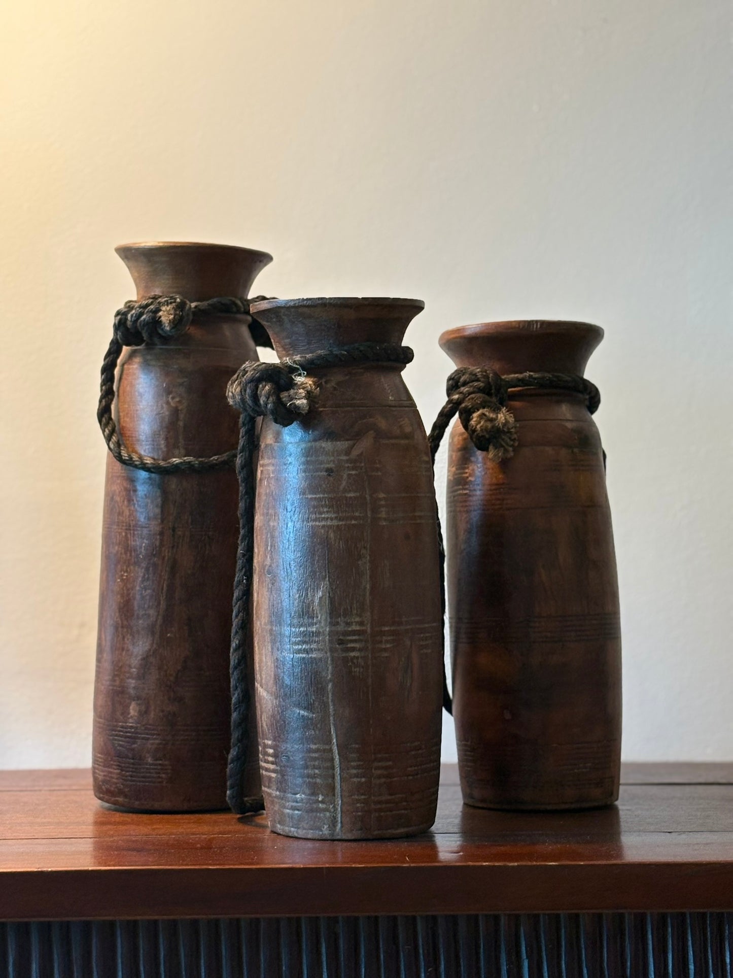 vintage Himalayan Wooden pot with a rope handle