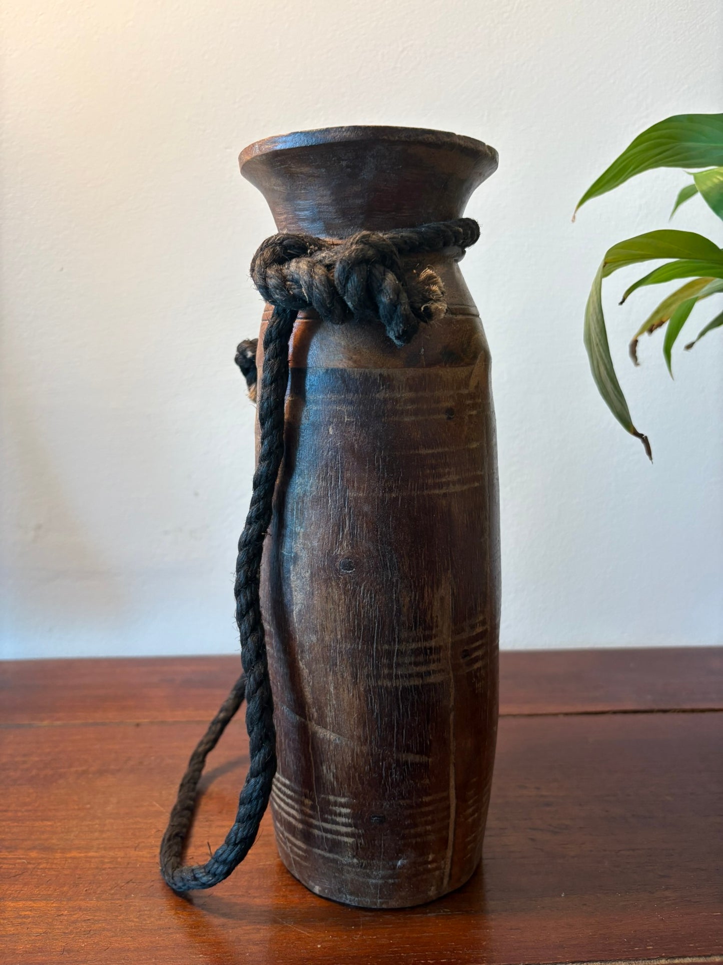 vintage Himalayan Wooden pot with a rope handle