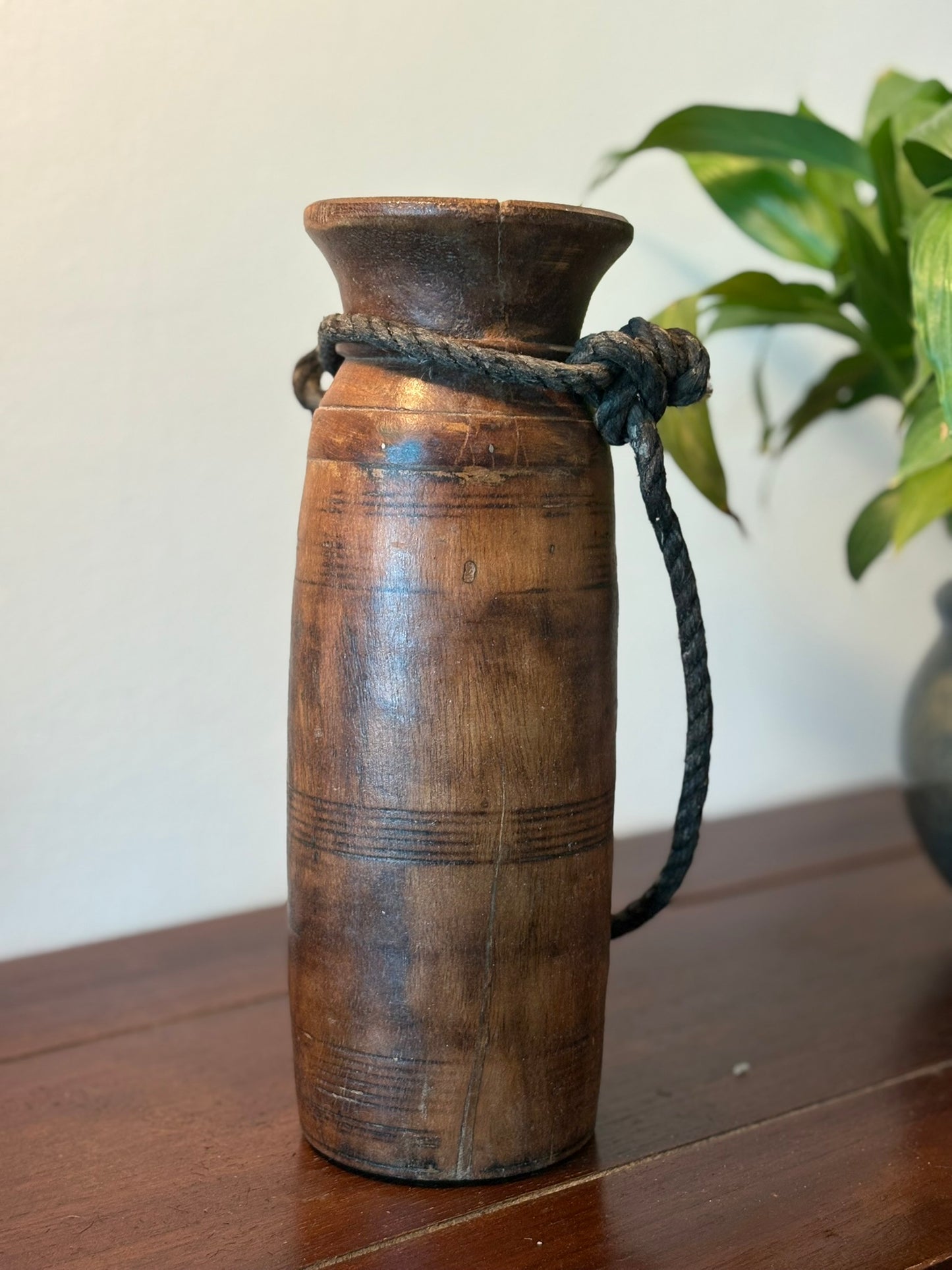 vintage Himalayan Wooden pot with a rope handle