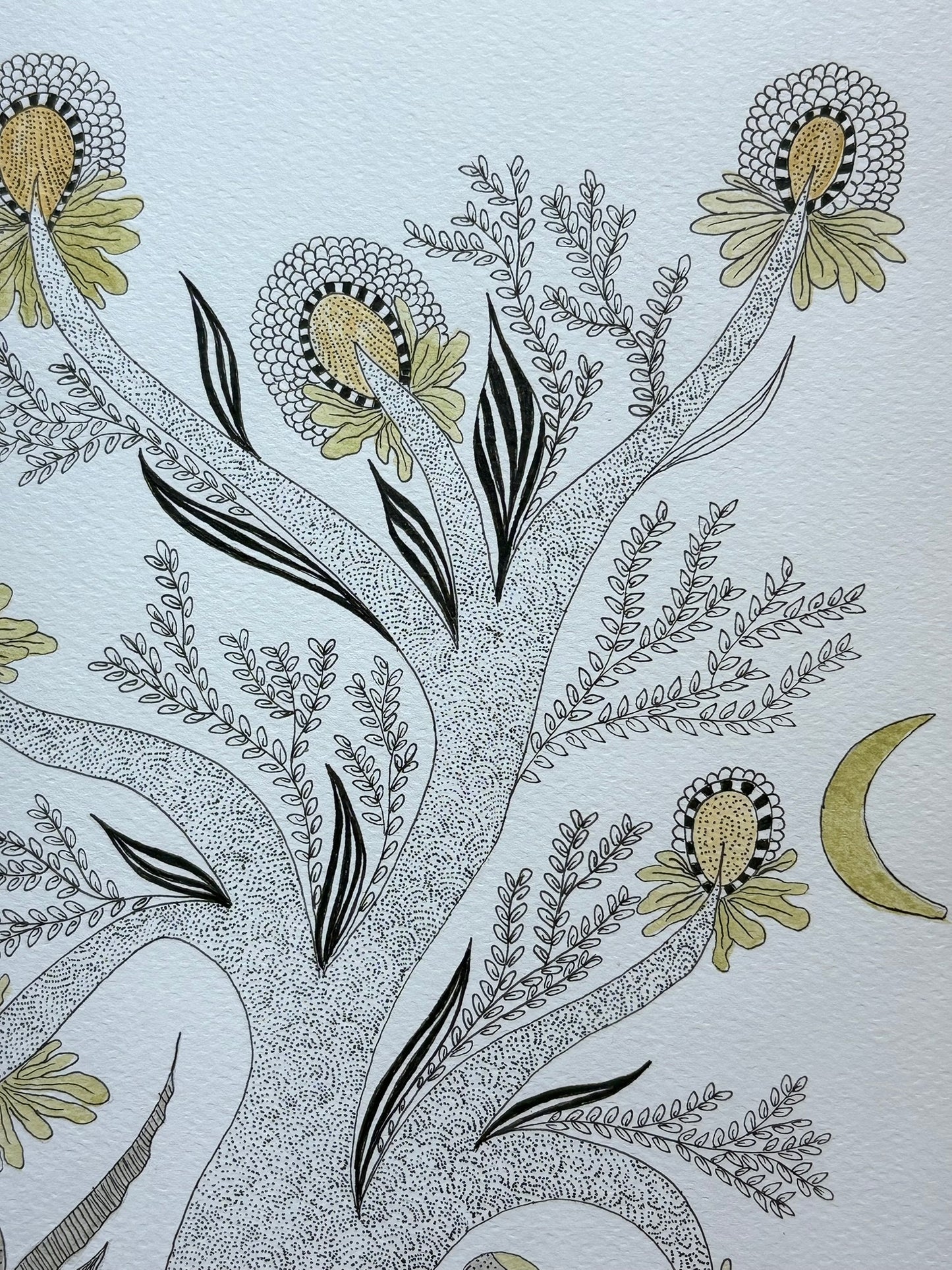 Hand drawn painting intricate tree of life with leaves, fish inspired by Gond art with watercolor and ink