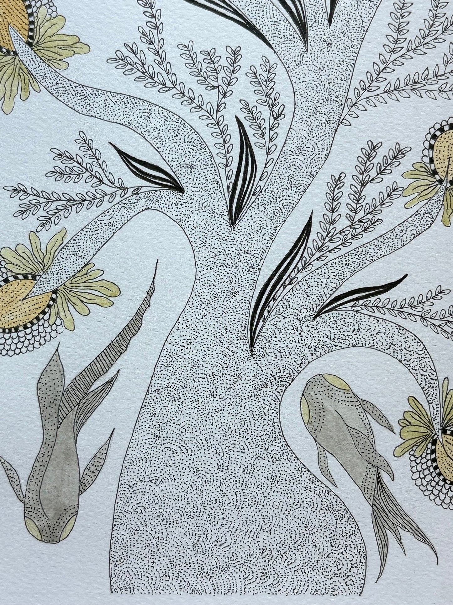 Hand drawn painting intricate tree of life with leaves, fish inspired by Gond art with watercolor and ink