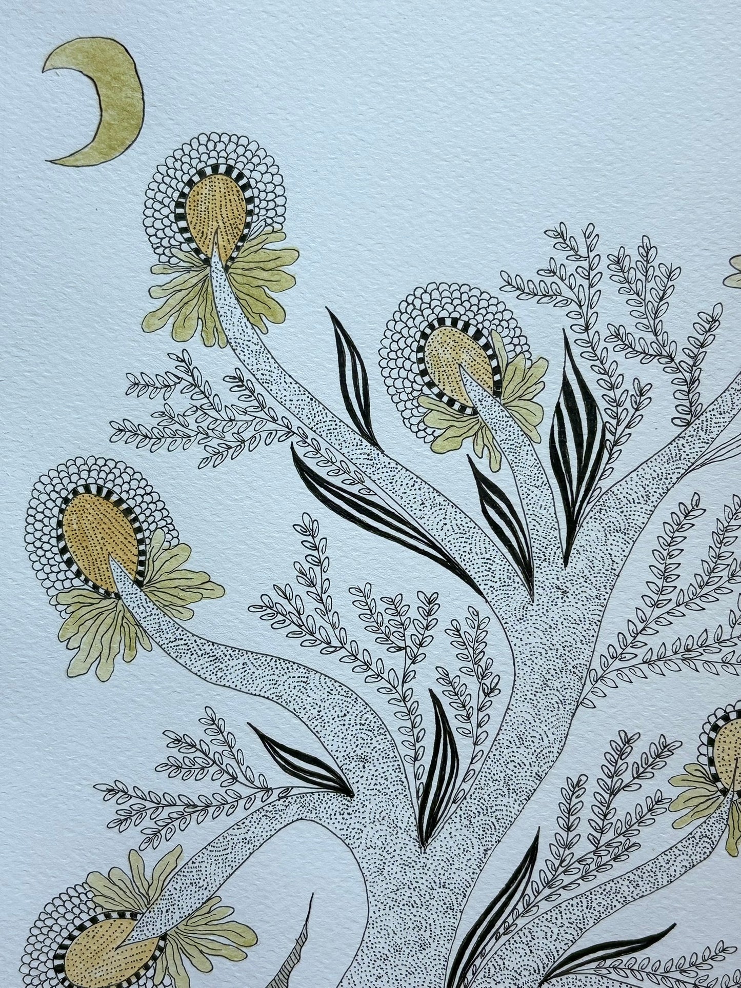 Hand drawn painting intricate tree of life with leaves, fish inspired by Gond art with watercolor and ink