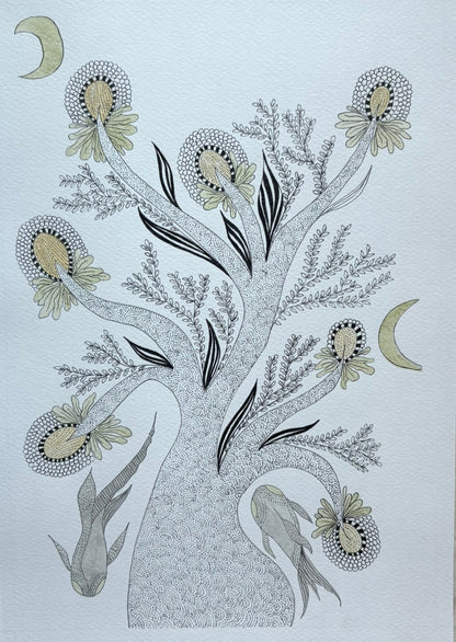 Hand drawn ethnic painting with watercolor and ink inspired by Gond