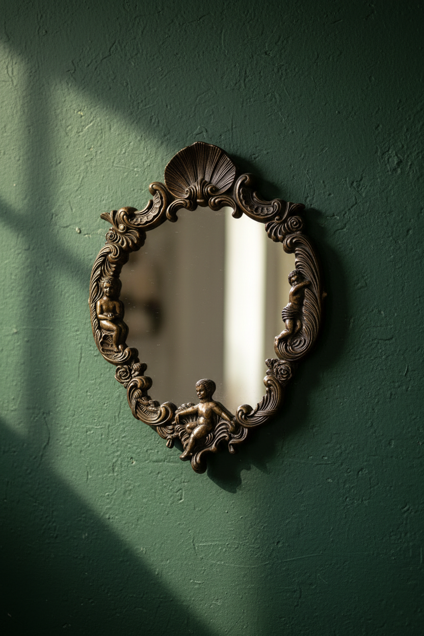 Vintage European Brass Cherub Accent Mirror