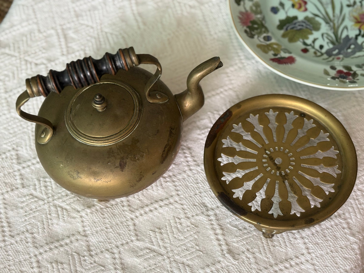 Rare Brass Kettle & Matching Trivet Set
