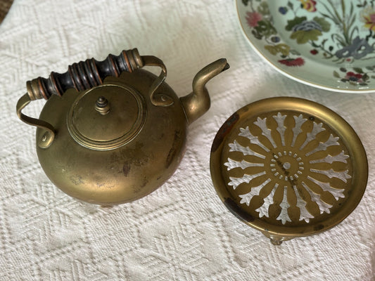 Rare Brass Kettle & Matching Trivet Set
