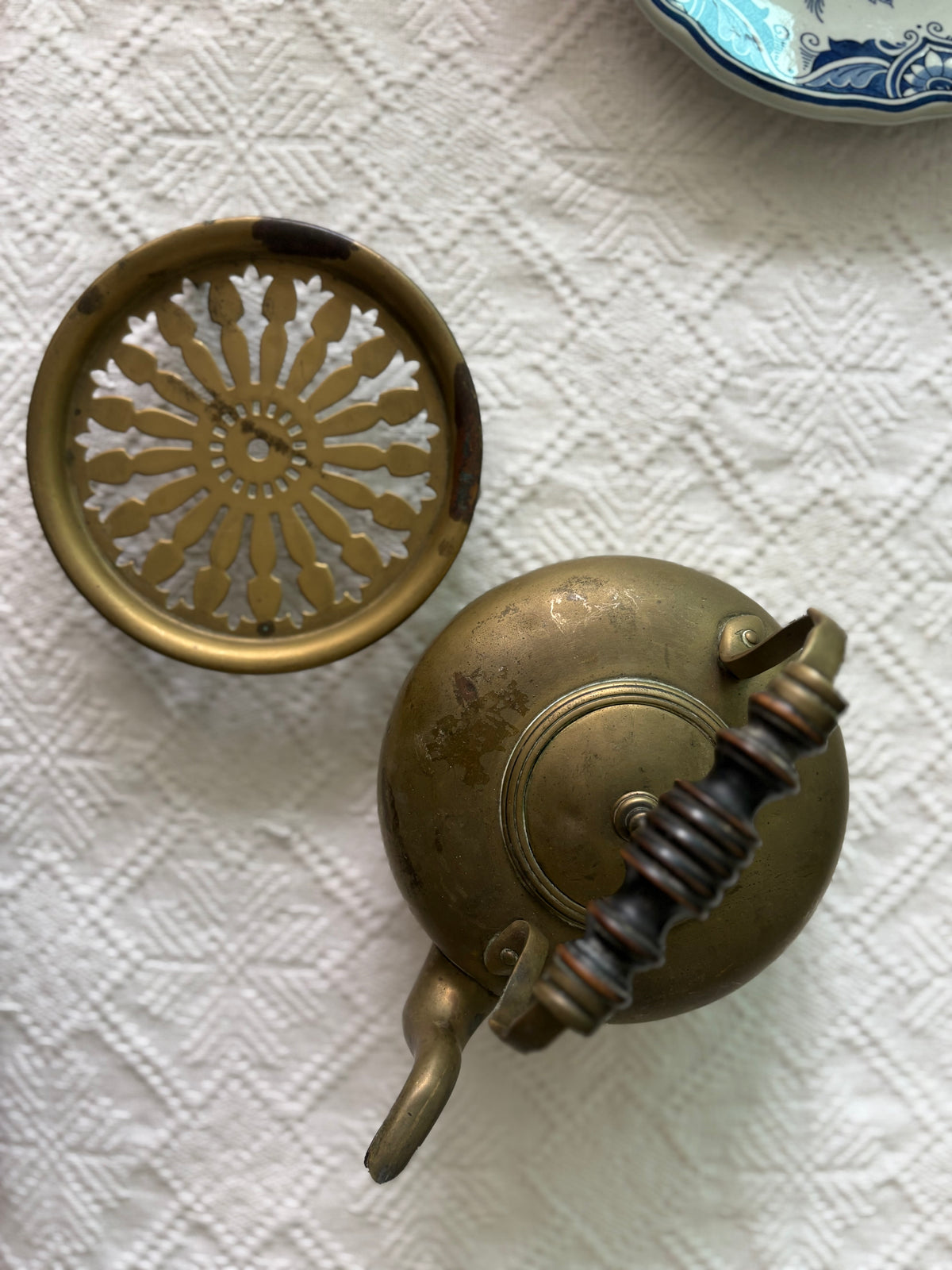 Rare Brass Kettle & Matching Trivet Set