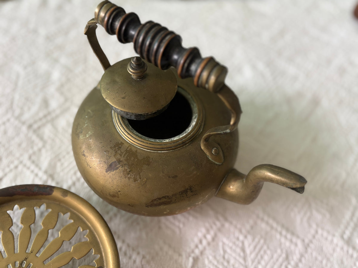 Rare Brass Kettle & Matching Trivet Set