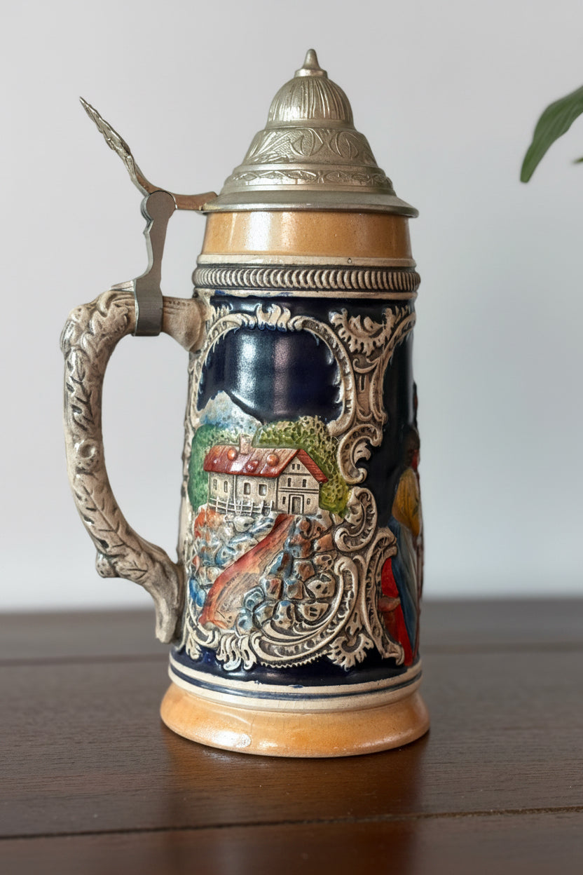Vintage West German Relief Beer Stein with  Lid