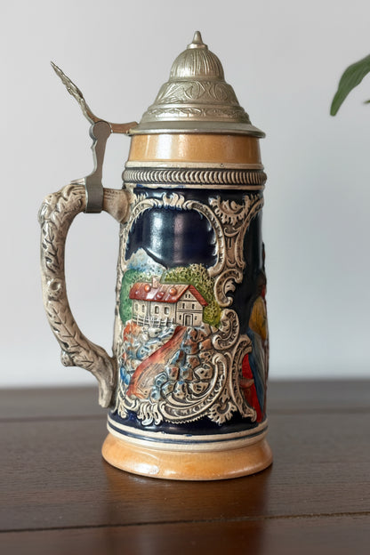 Vintage West German Relief Beer Stein with  Lid