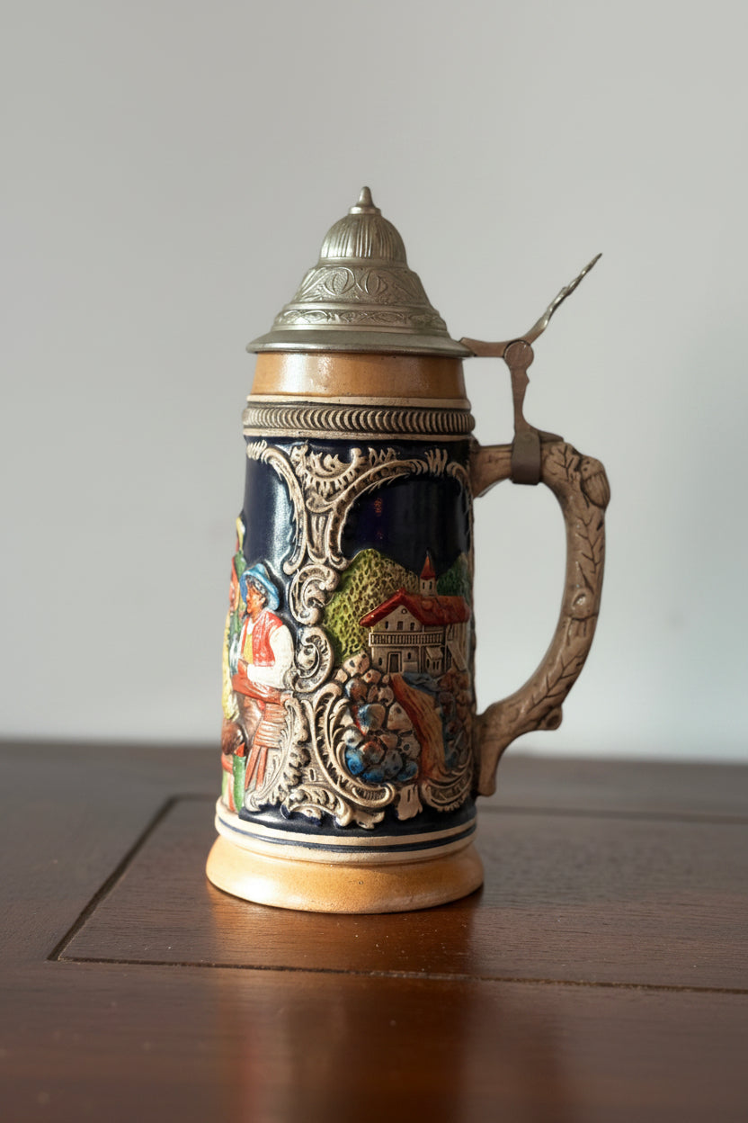 Vintage West German Relief Beer Stein with  Lid