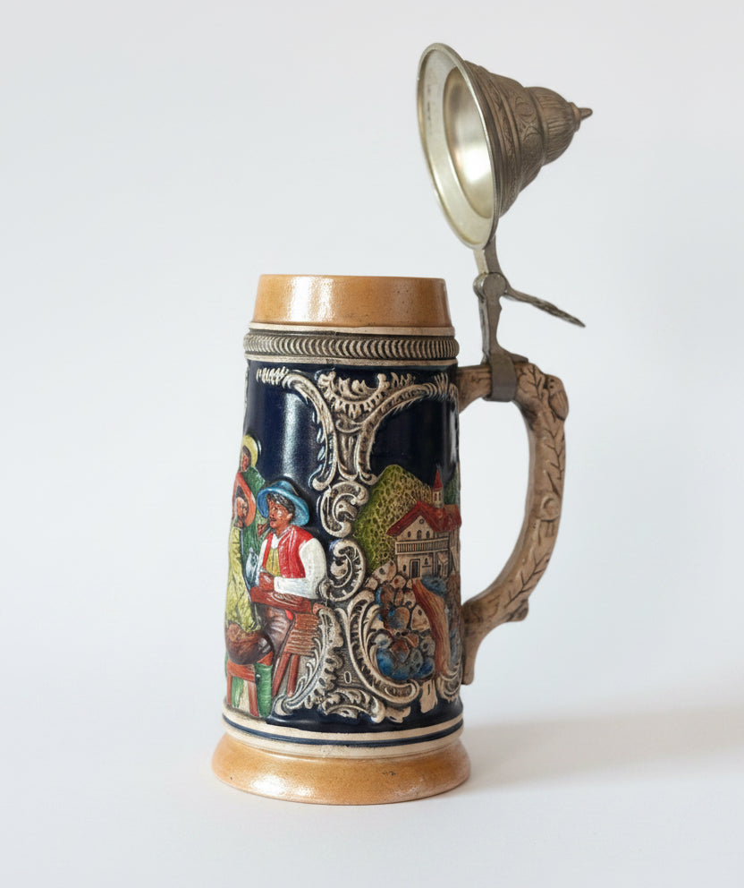 Vintage West German Relief Beer Stein with  Lid