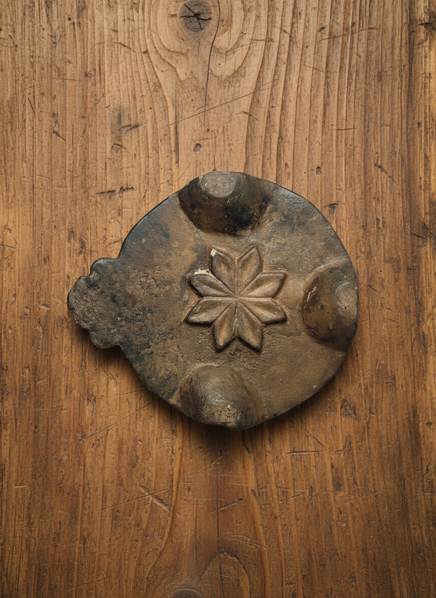 Decorative stone object with star design on a gray background