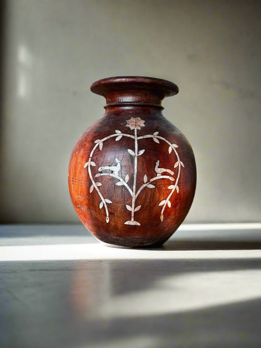 Vintage Wooden Pot with Mother of Pearl