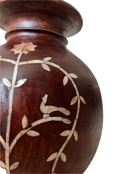 Vintage Wooden Pot with Mother of Pearl