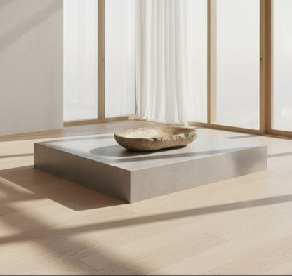 Antique marble bowl on a platform in a minimalistic room with large windows