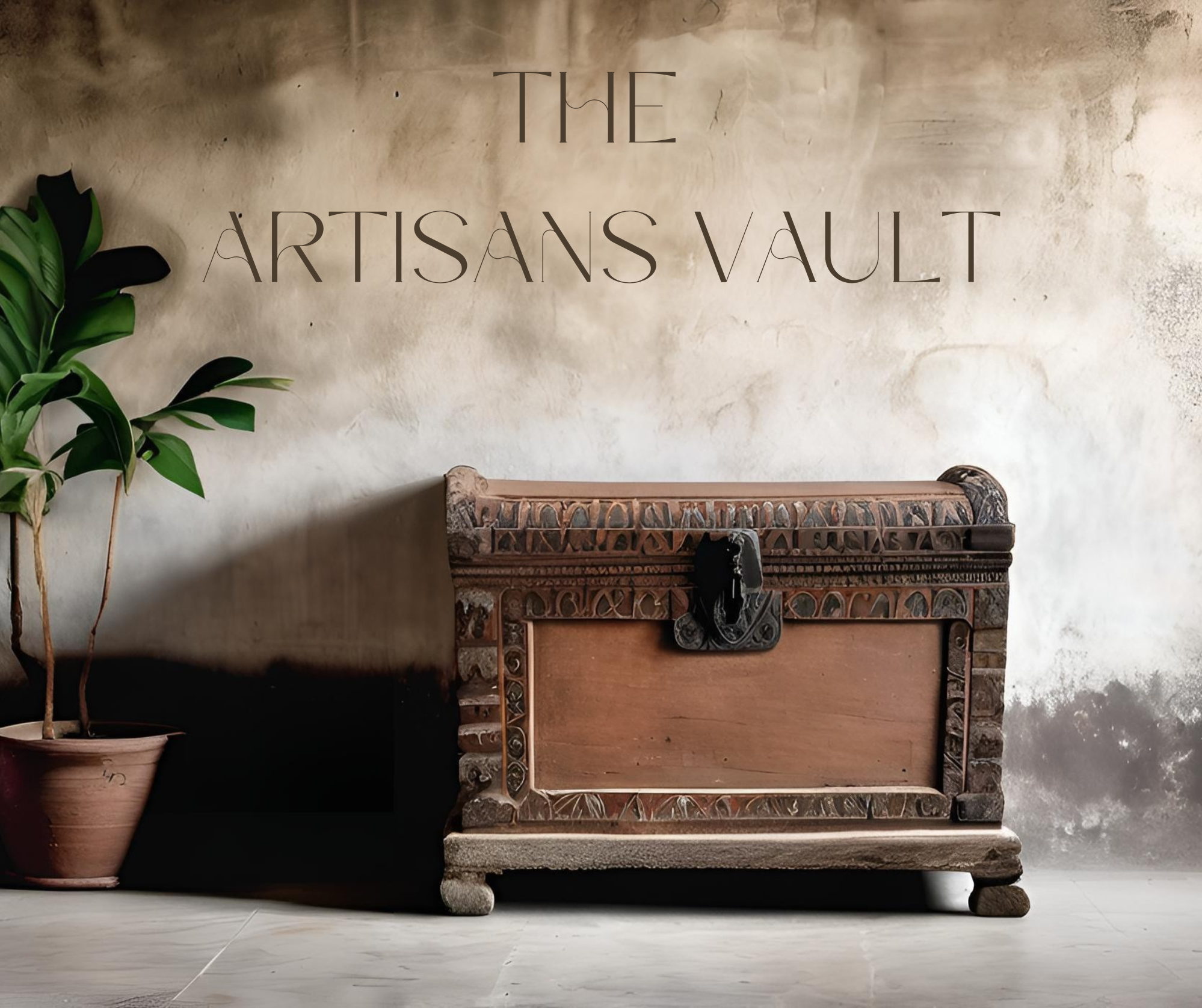 Decorative wooden chest with 'The Artisans Vault' text on a textured wall.
