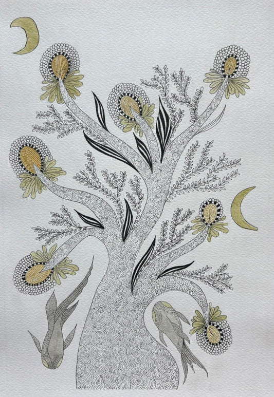 Hand drawn intricate painting with watercolor and ink inspired by Gond