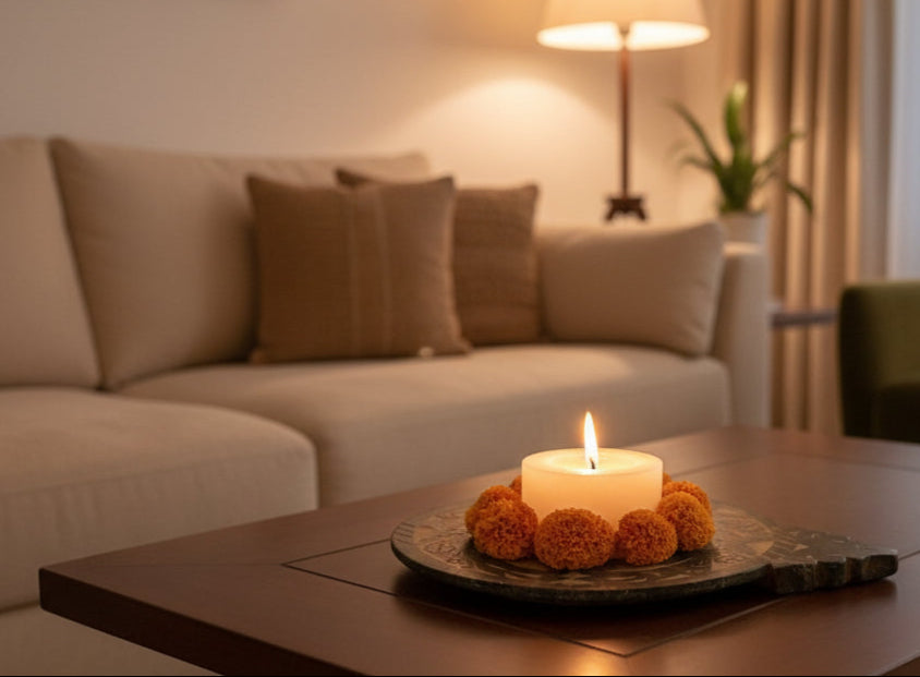 antique candle holder with sofa in background with a cozy setting
