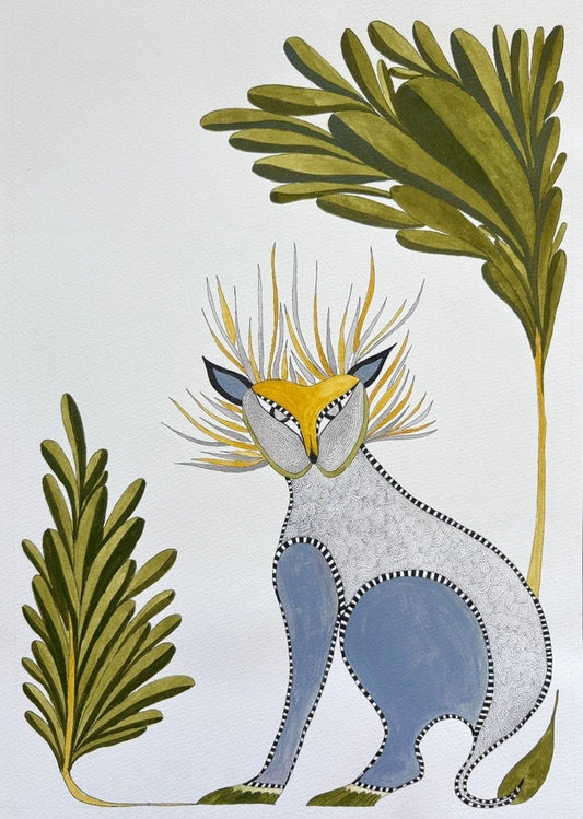 hand drawn art of Abstract animal figure with spiky yellow head and green leaves on hand made paper