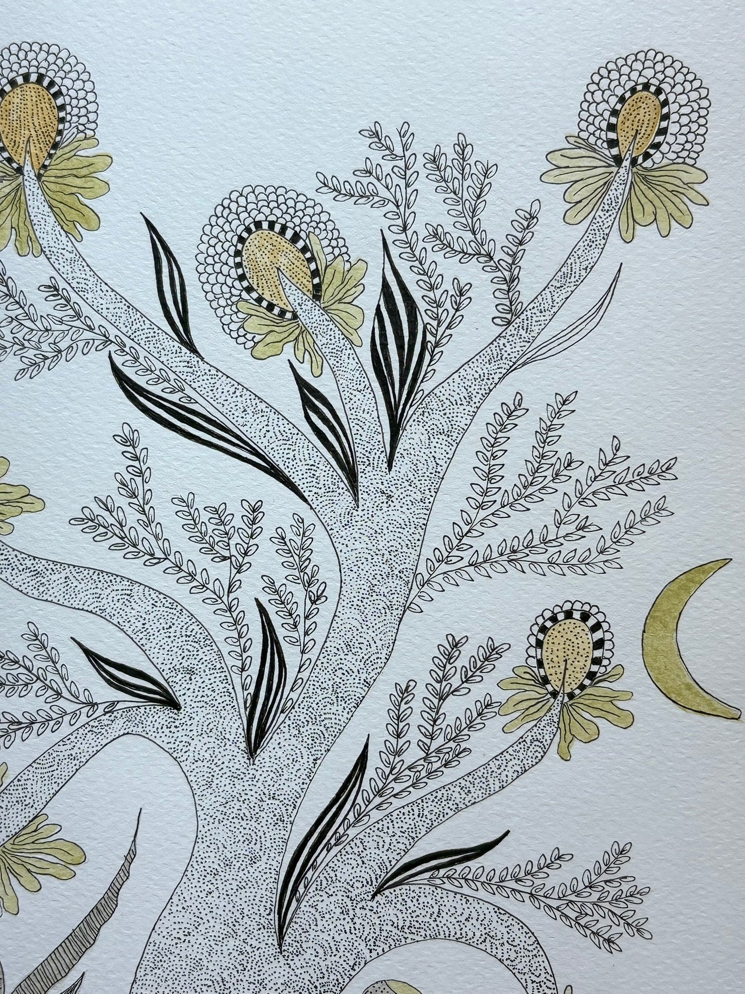 Hand drawn painting intricate tree of life with leaves, fish inspired by Gond art with watercolor and ink
