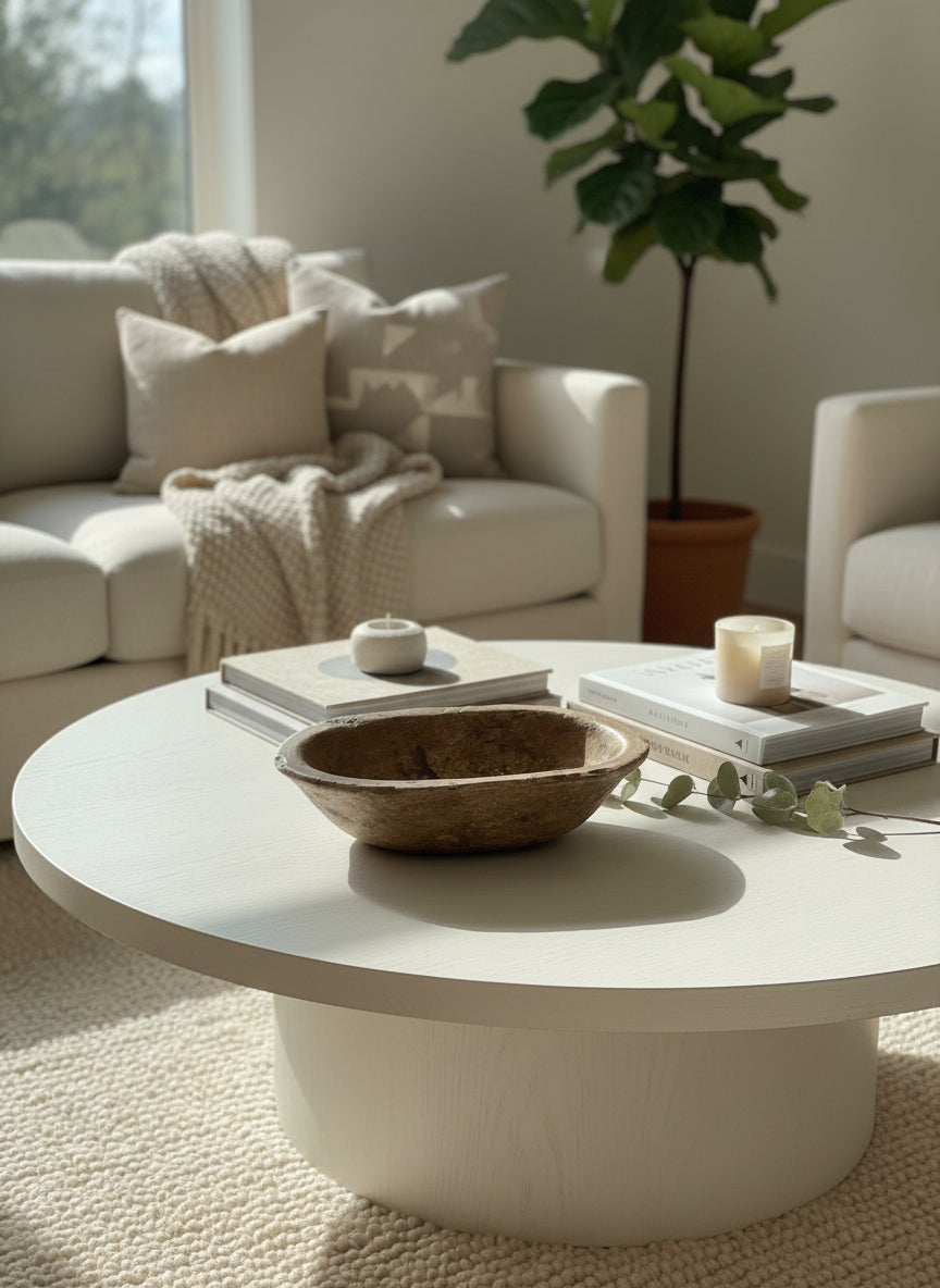 Modern living room with a white sofa, coffee table, and a decorative marble bowl