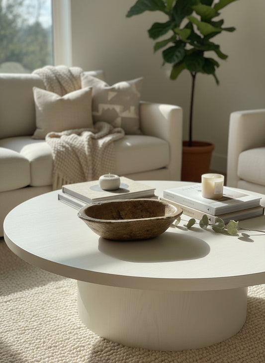 Modern living room with a white sofa, coffee table, and a decorative marble bowl