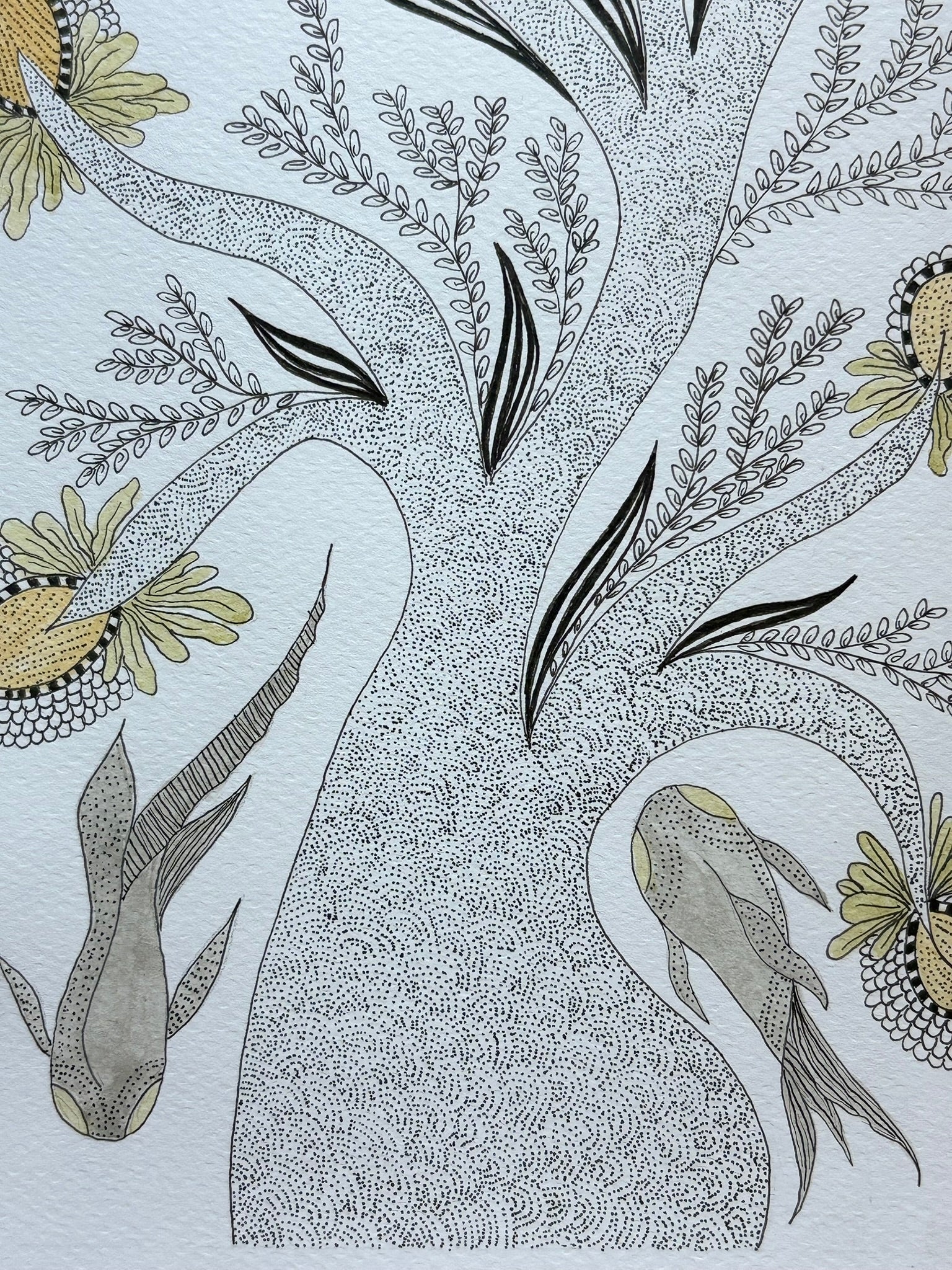 Hand drawn painting intricate tree of life with leaves, fish inspired by Gond art with watercolor and ink